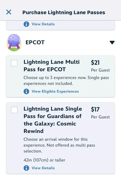 Epcot LLMP and LLSP purchase screen