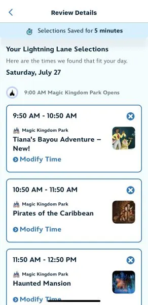 Lightning Lane confirmation screen for Magic Kingdom