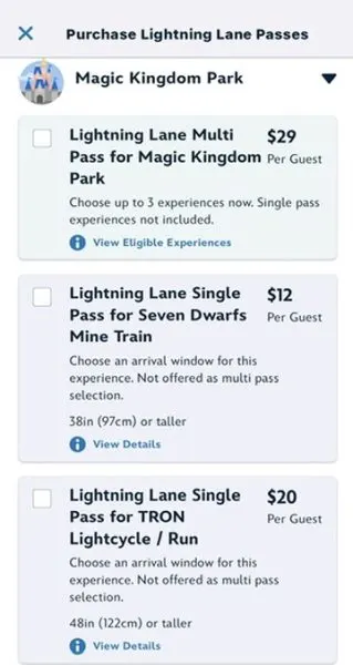 Magic Kingdom LLMP and LLSP purchase screen