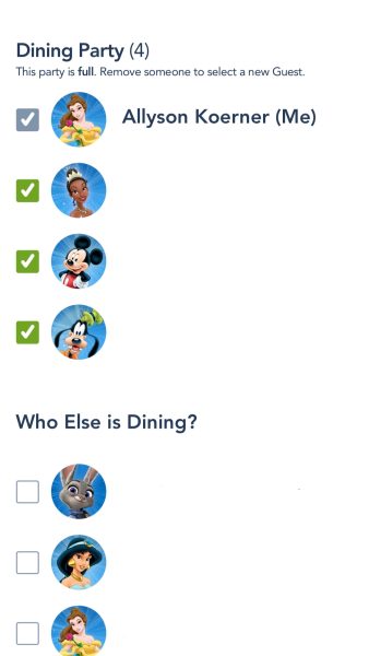 family and friends - dining reservations - my disney experience app
