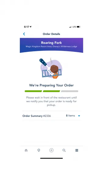 Mobile Order screenshot on My Disney Experience