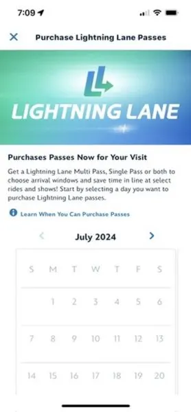 Lightning Lane calendar