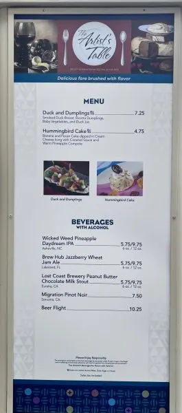 The Artist's Table booth menu