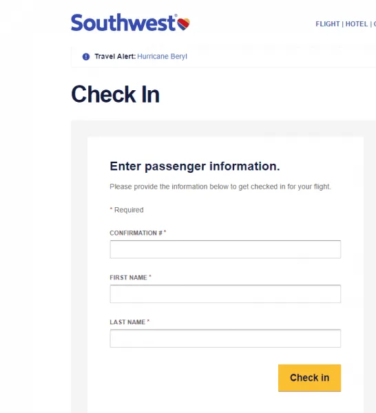Check in southwest