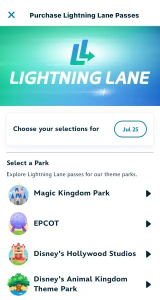 Lightning Lane park selection screen July 25