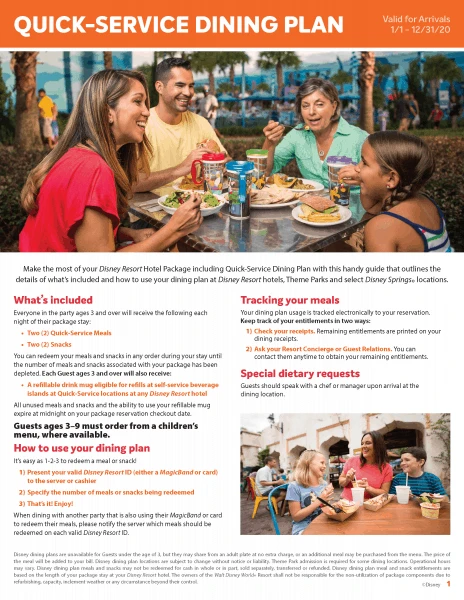 Disney Quick Service Dining Plan flyer