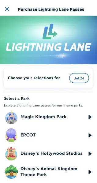 Lightning Lane park selection screen