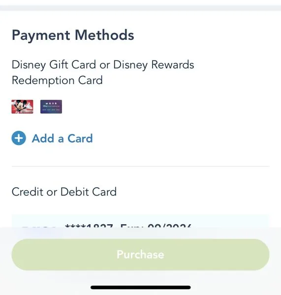 Screenshot of mobile order payment screen in My Disney Experience app