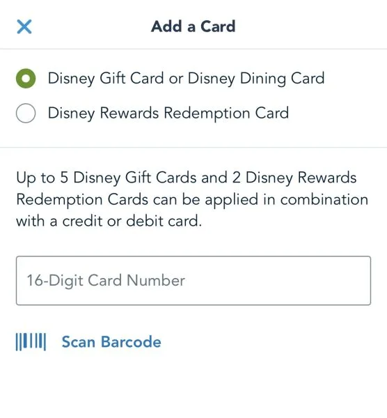 Screenshot of where to add a gift card in mobile order of My Disney Experience app