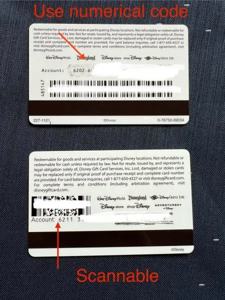 Picture of two different Disney gift cards - top one with a numerical code, bottom one with a scannable code