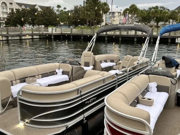 Empty pontoon boat prepared for fireworks cruise