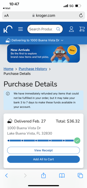 Screenshot of delivery confirmation screen on Kroger app