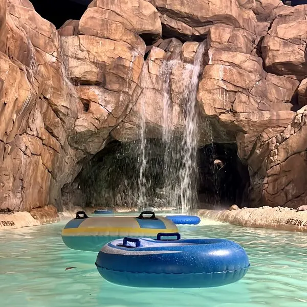 Rafts heading into the waterfall on the lazy river 2024.