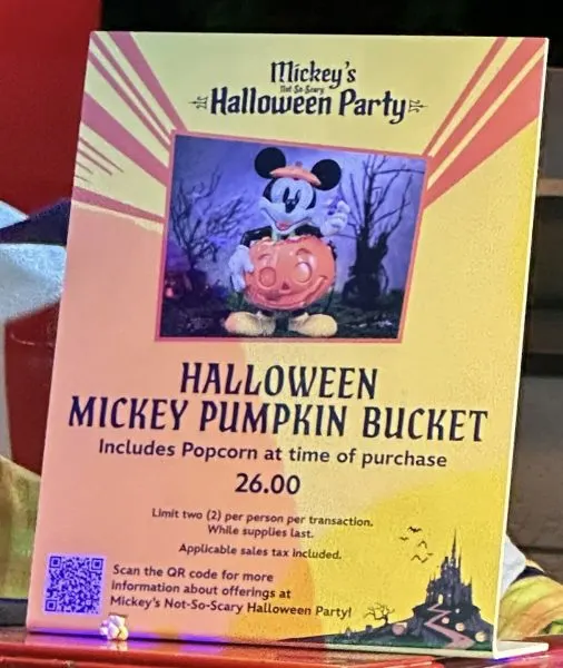 Sign for Mickey Halloween popcorn bucket