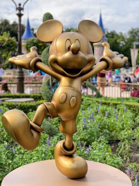 Mickey gold fab 50 statue at Magic Kingdom for 50th anniversary