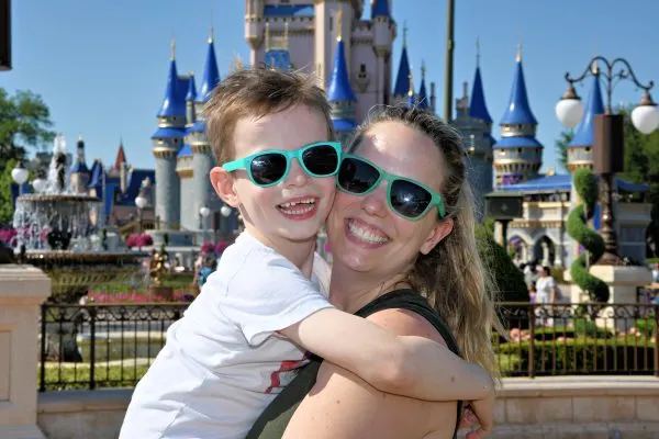 Liz and son in front of the castle
