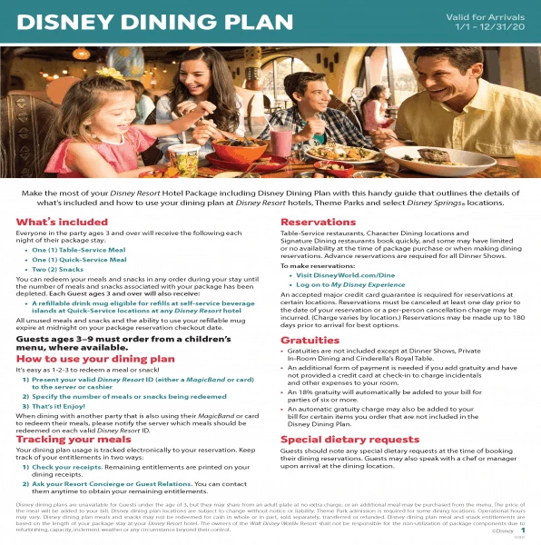 Regular Disney Dining Plan Flyer