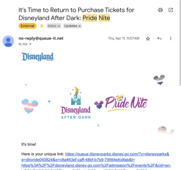 Disneyland Pride Nite queue email