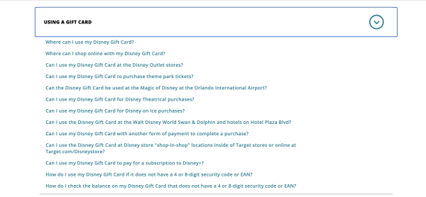 Screenshot of Frequently Asked Questions page of Disney Gift Card website
