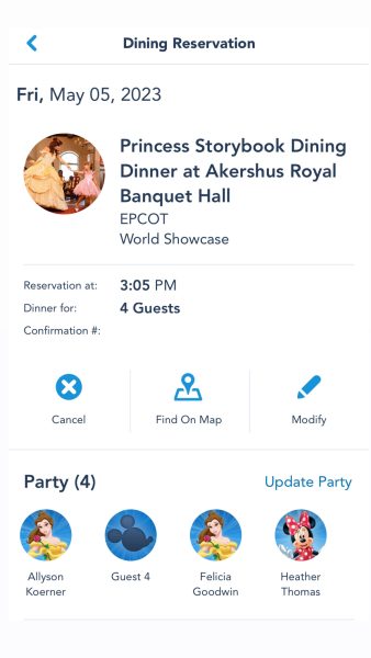 dinner confirmation for akershus at epcot