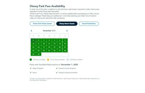 Park pass availability calendar