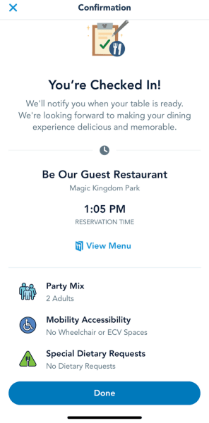 be our guest check in screenshot in my disney experience