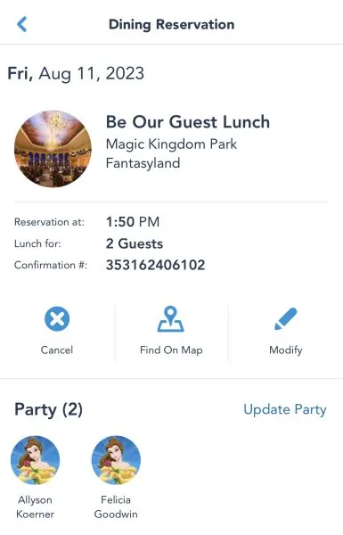 be our guest lunch reservation confirmation in my disney experience app