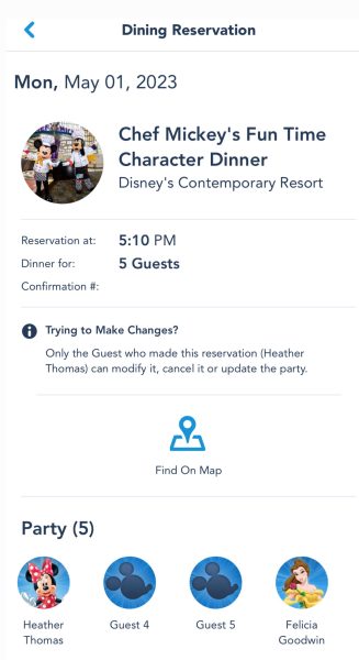 chef mickey dinner reservation confirmation in my disney experience app