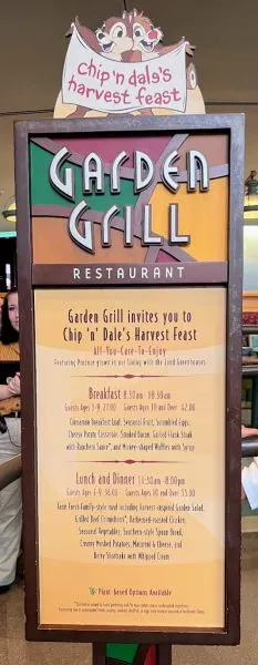 menu for chip and dale's harvest feast at garden grill