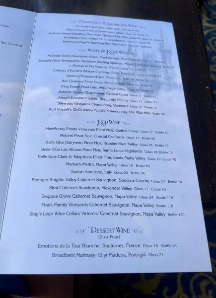 cinderella's royal table wine and champagne menu