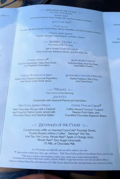 cinderella's royal table menu