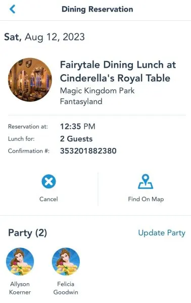 reservation for cinderella's royal table