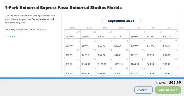 universal express pass pricing calendar