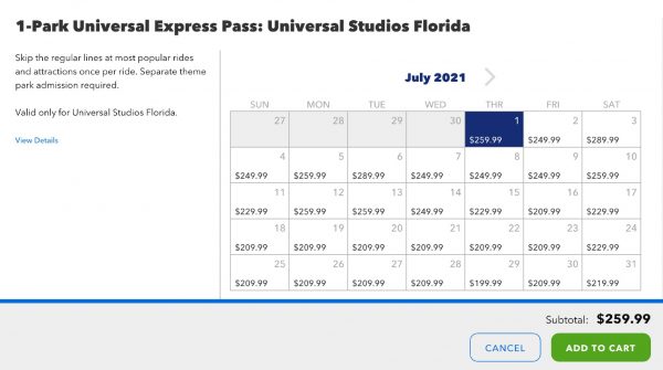universal studios express pass pricing calendar