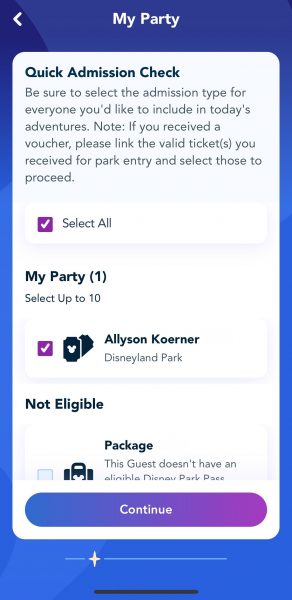disneyland app selecting party members