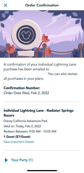 disneyland individual lightning lane purchase confirmation