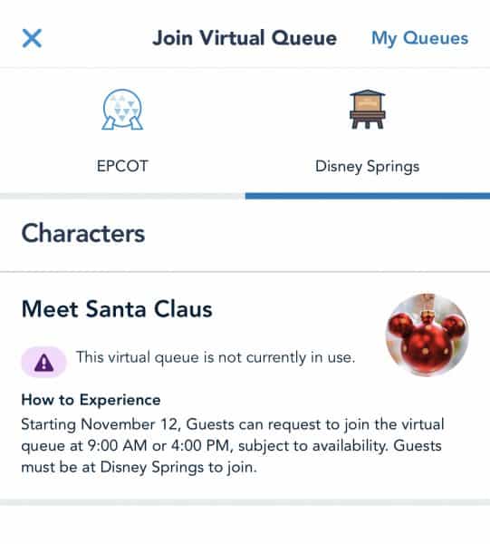 disney springs virtual queue for meeting santa claus