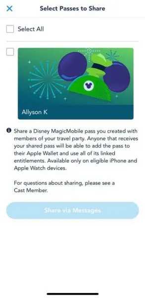 disney magicmobile select passes to share