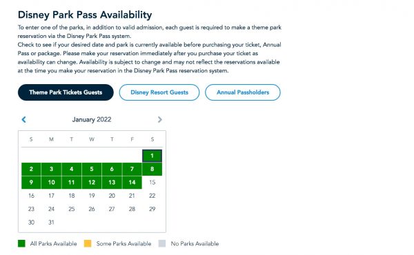Disney Park Pass availability through January 2022