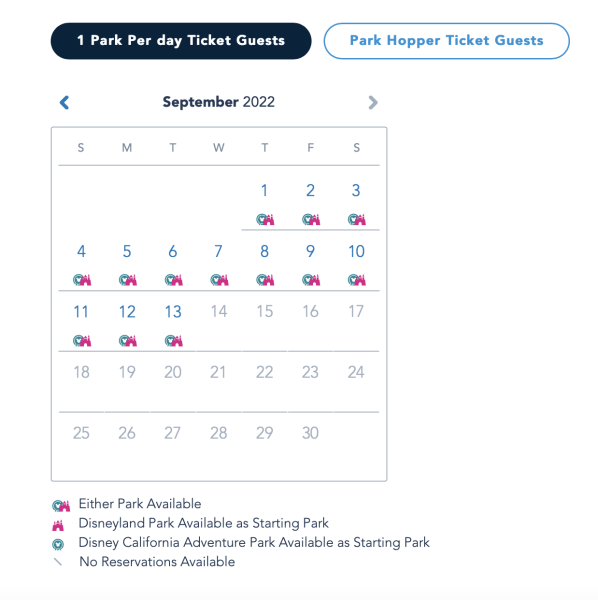 Disneyland theme park reservation availability calendar