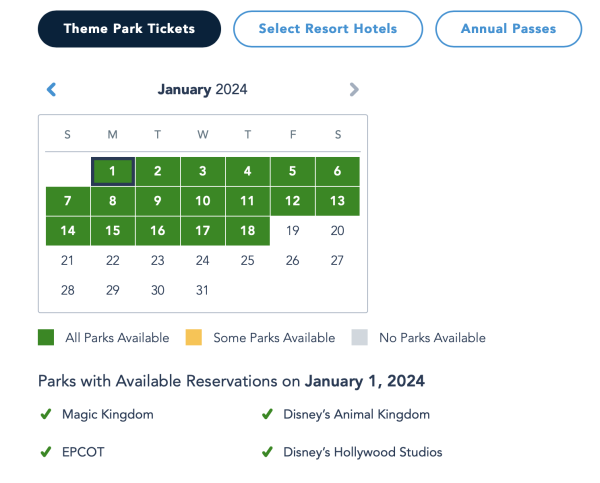 Disney World theme park reservation availability