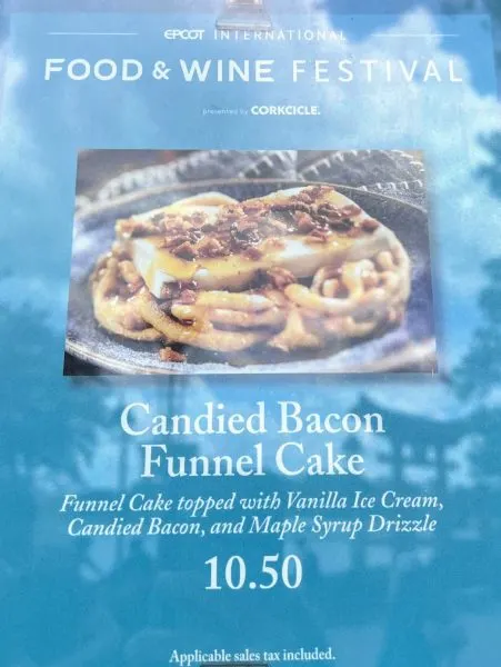 funnel cake menu - candied bacon funnel cake - epcot food and wine 2023