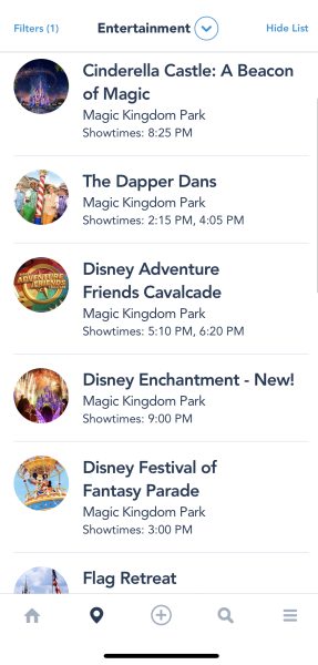 magic kingdom entertainment in my disney experience app