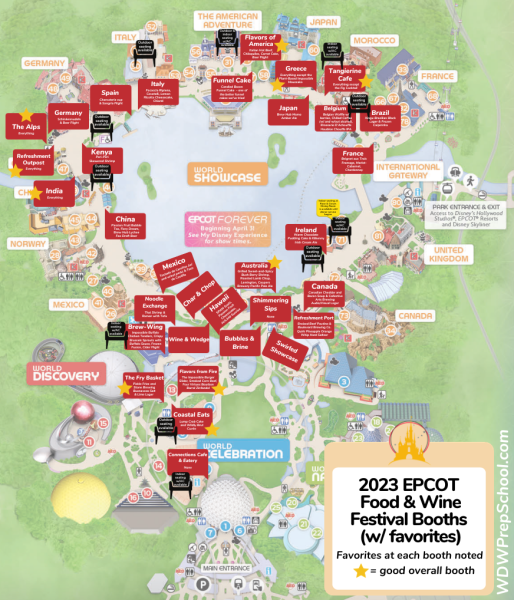 2023 epcot food and wine festival map with booths and favorites