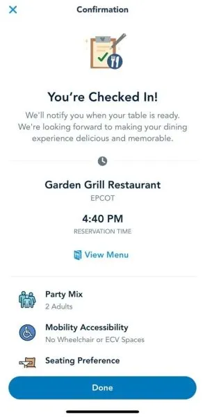 check in confirmation for garden grill at epcot