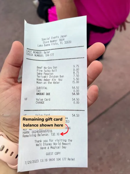 remaining gift card balance displayed on disney world receipt