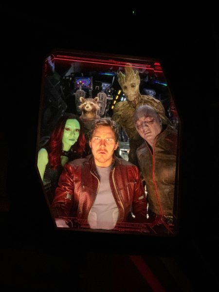 gamora, rocket, star lord, groot, and drax in cosmic rewind pre show