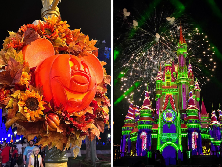 mickey pumpkin and christmas fireworks at magic kingdom