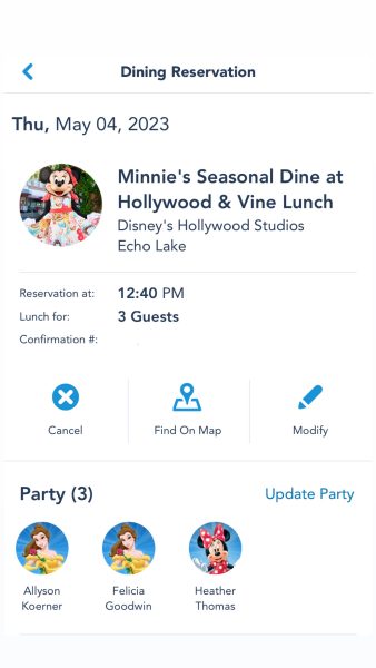 lunch confirmation for minnie's seasonal dining at hollywood and vine