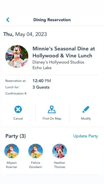 lunch confirmation for minnie's seasonal dining at hollywood and vine